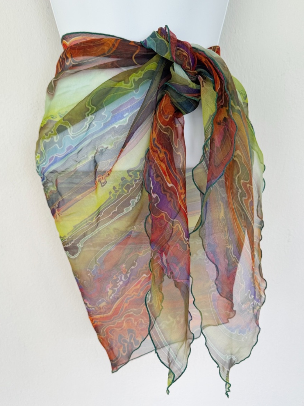 Colorful sheer lettuce trim watercolor print beach sarong coverup one size